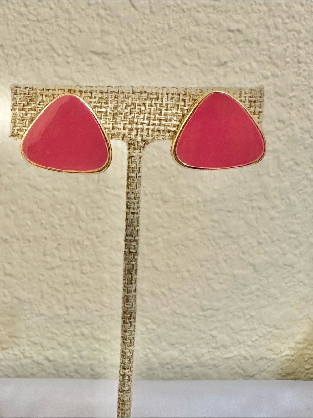 Vintage Gold-Trim Pink Triangle Stud Earrings